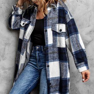 NAVY Blue Plaid Shackets 3/4 Length